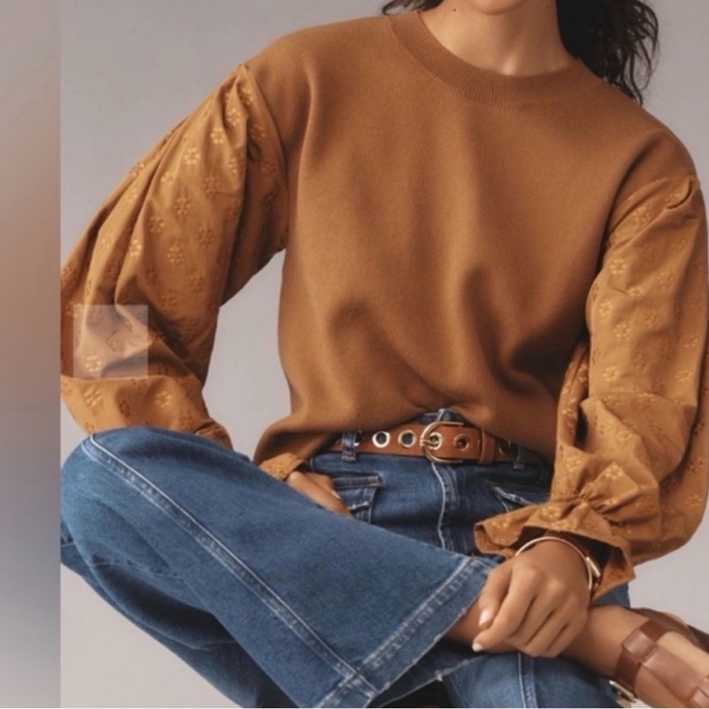Anthropologie Tan Sweatshirt with Textured Puff Sleeves Size M